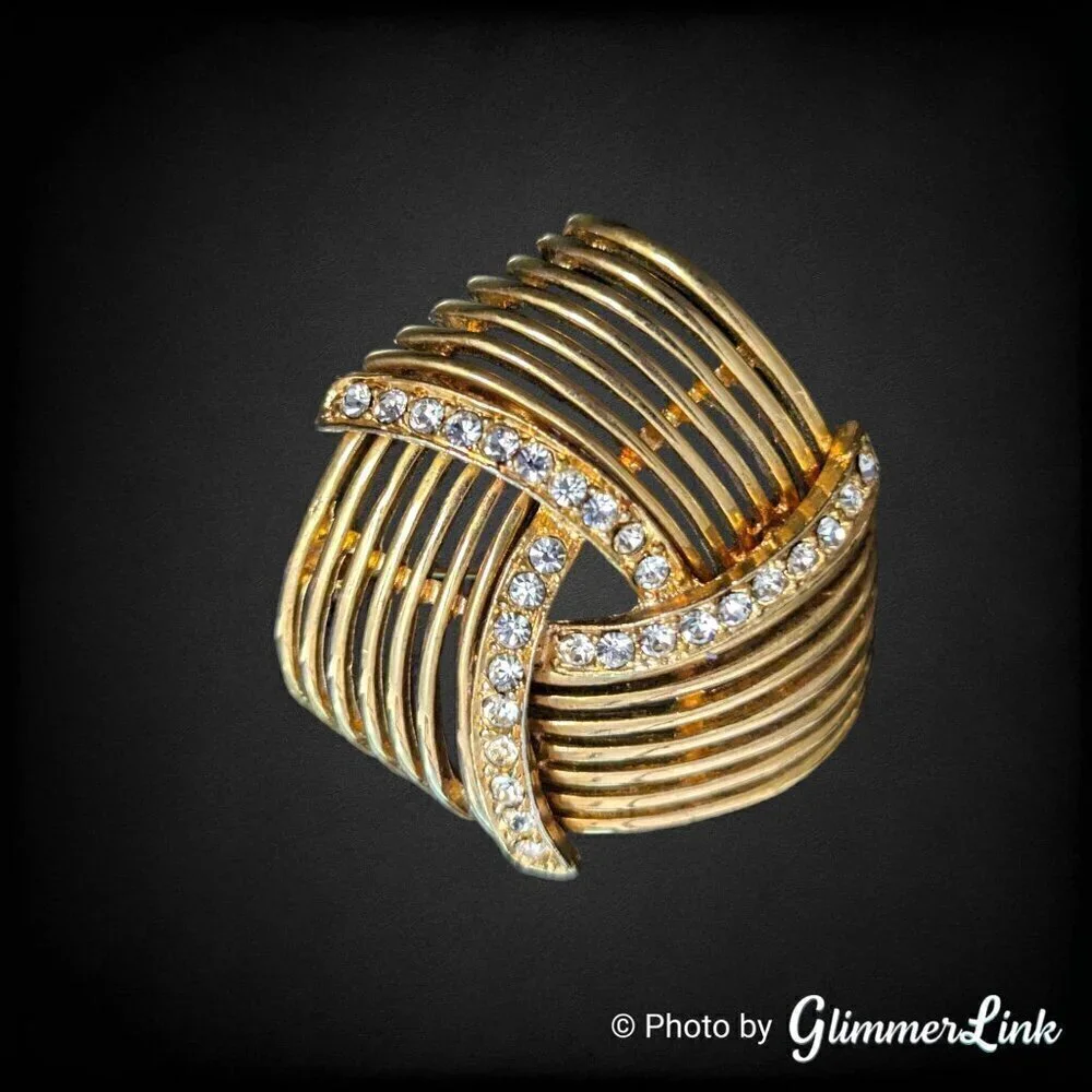 Vintage Striped Openwork Abstract Knot Rhinestone Large Gold Tone Brooch Pin